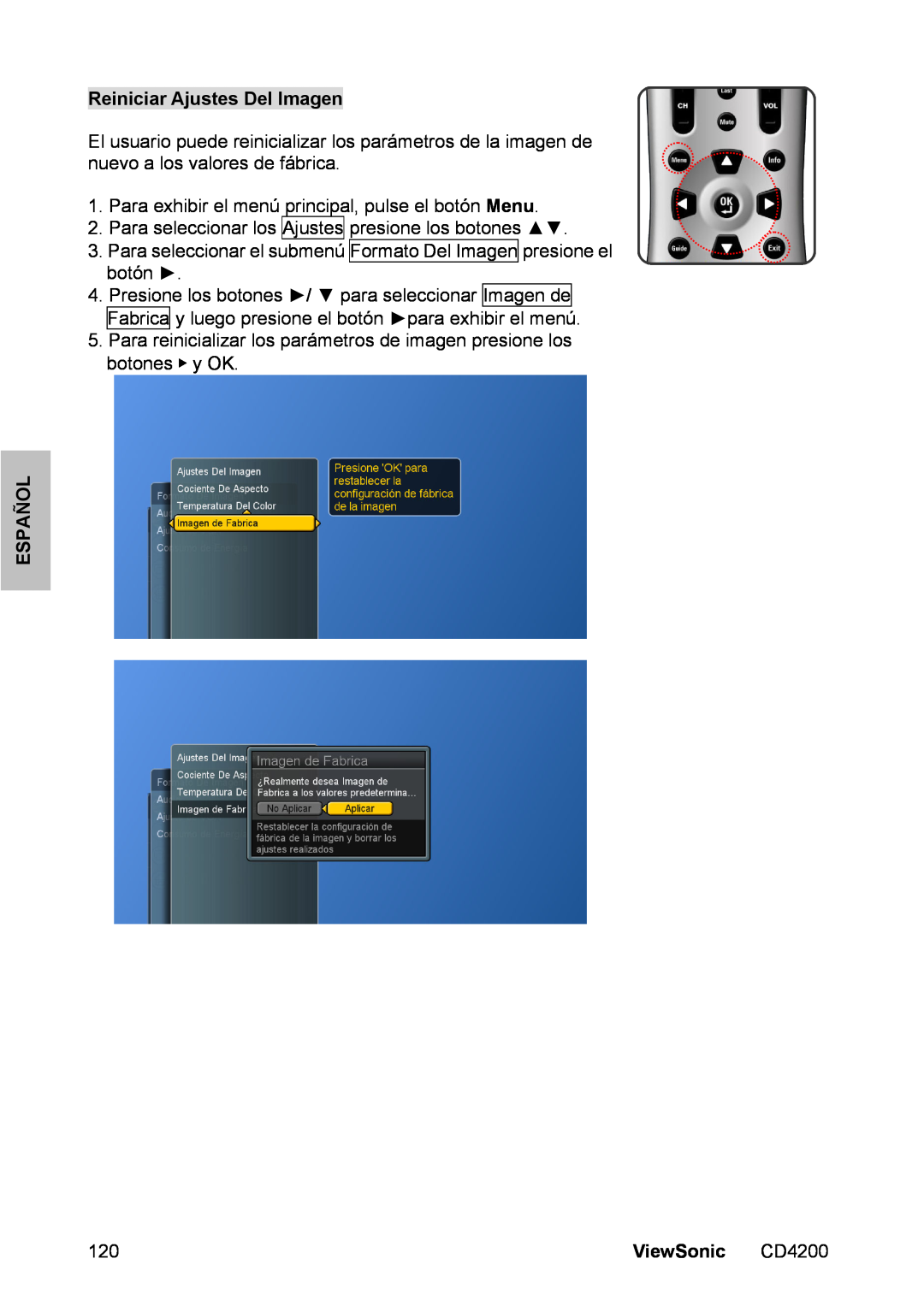 ViewSonic CD4200 manual Reiniciar Ajustes Del Imagen, Español, ViewSonic 