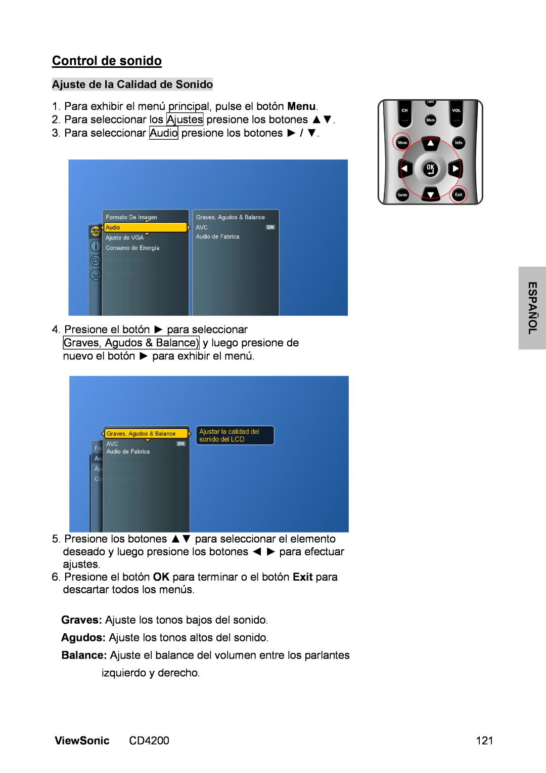 ViewSonic manual Control de sonido, Ajuste de la Calidad de Sonido, ViewSonic CD4200, Español 