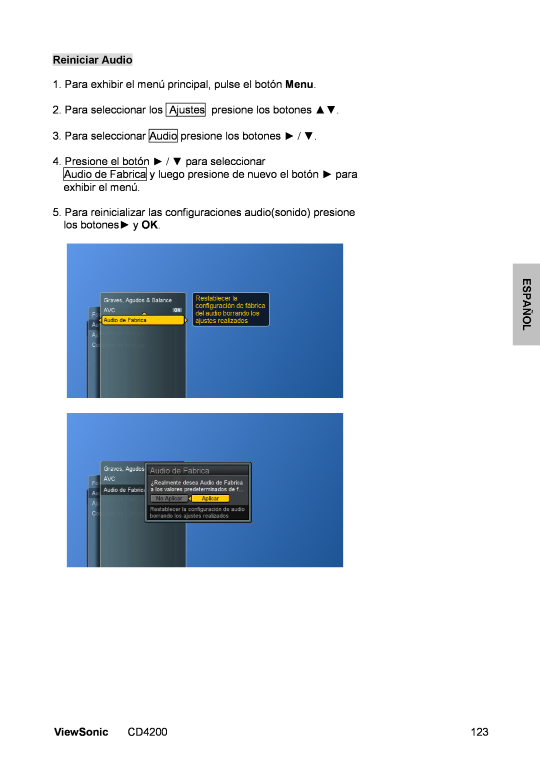 ViewSonic manual Reiniciar Audio, Para exhibir el menú principal, pulse el botón Menu, Español, ViewSonic CD4200 