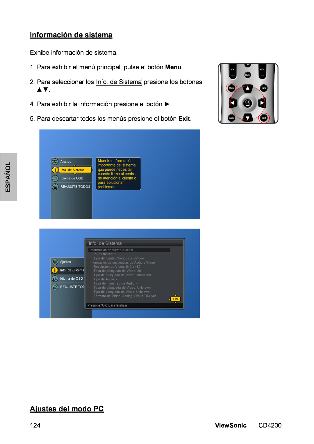 ViewSonic CD4200 manual Información de sistema, Ajustes del modo PC, Español, ViewSonic 