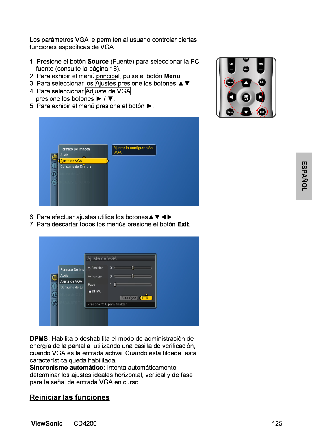 ViewSonic manual Reiniciar las funciones, Español, ViewSonic CD4200 