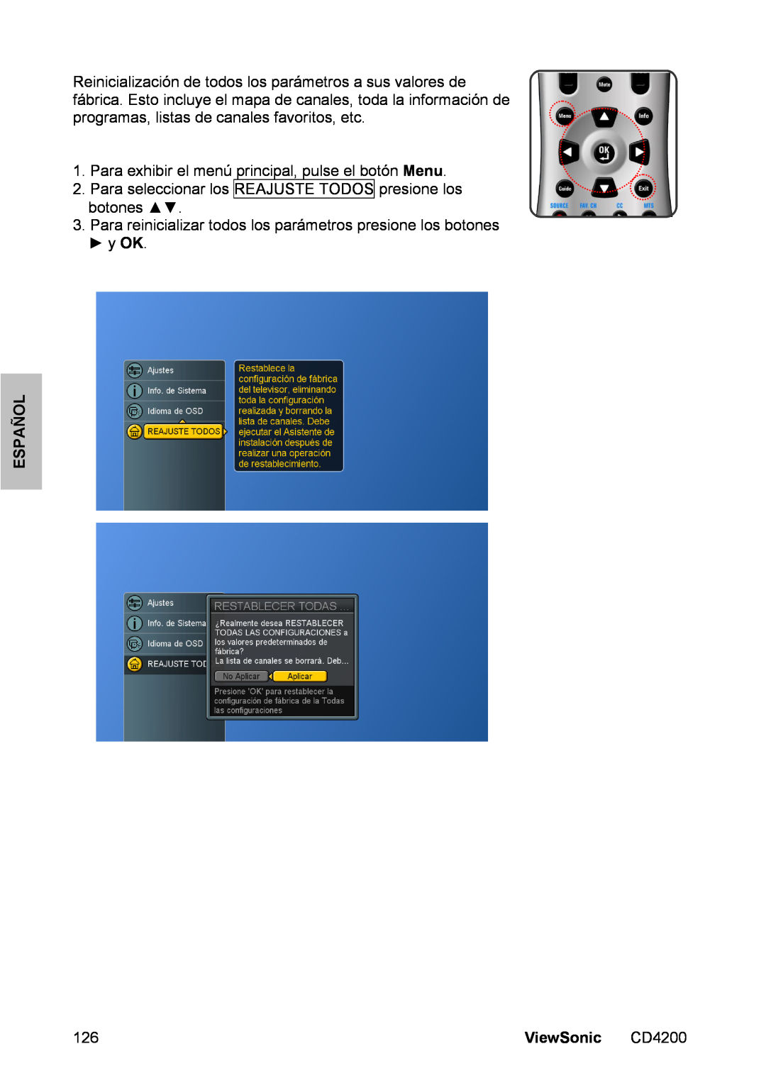 ViewSonic CD4200 manual Para exhibir el menú principal, pulse el botón Menu, Español, ViewSonic 