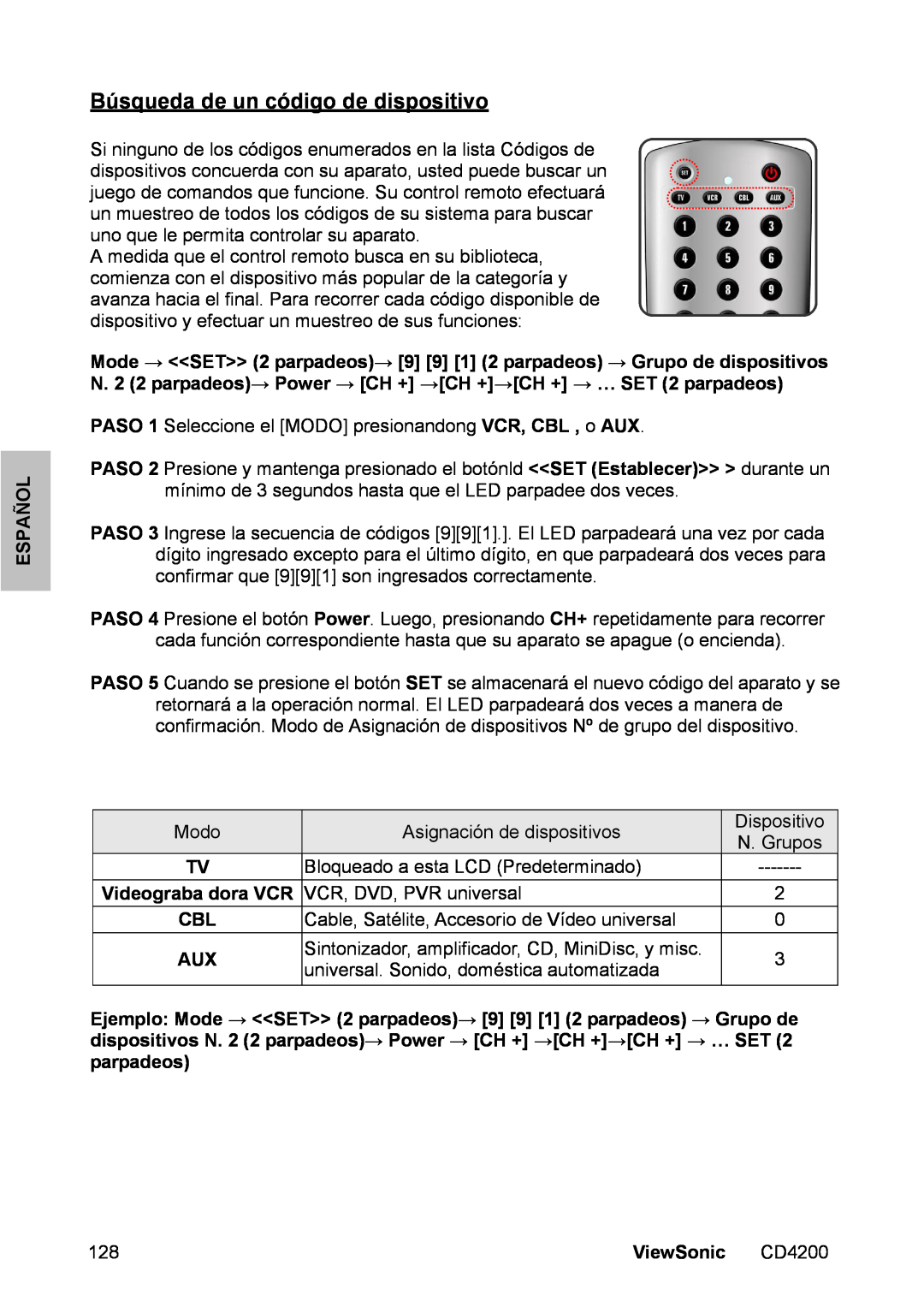 ViewSonic CD4200 manual Búsqueda de un código de dispositivo, Español, ViewSonic 