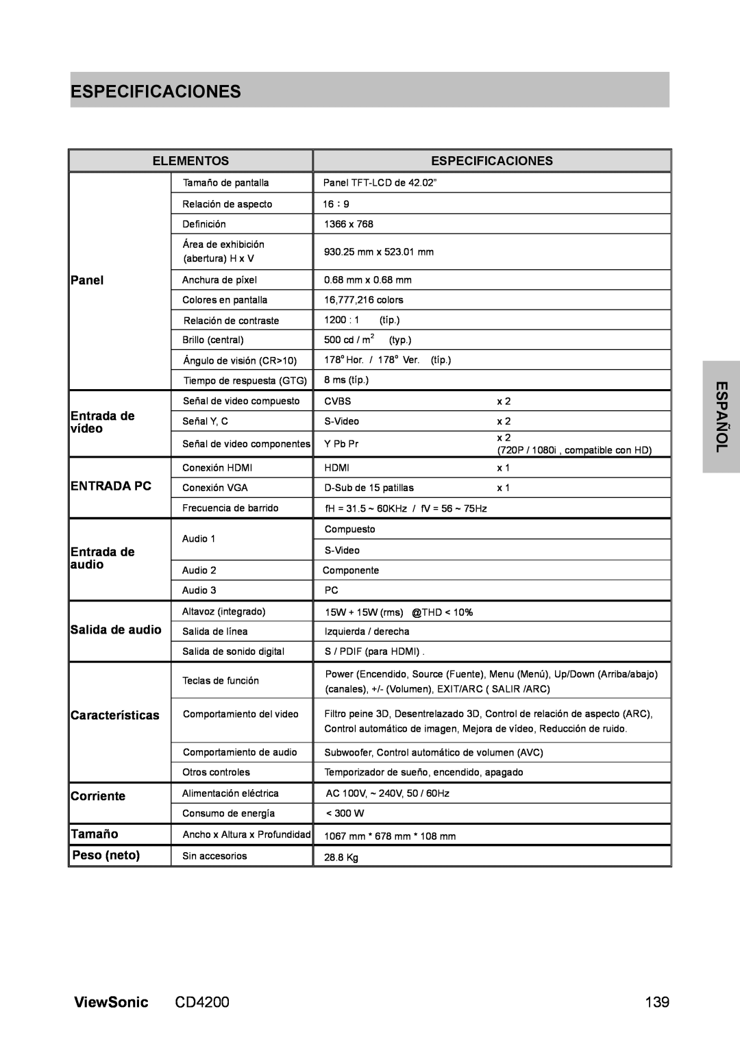 ViewSonic manual Especificaciones, Español, ViewSonic CD4200 