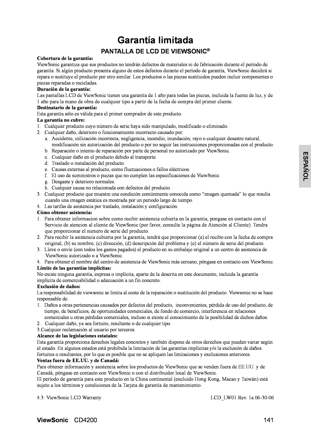 ViewSonic manual Garantía limitada, Pantalla De Lcd De Viewsonic, Español, ViewSonic CD4200, Cobertura de la garantía 