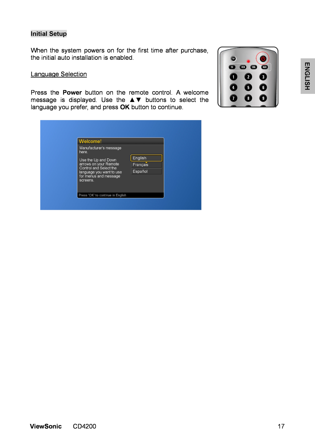 ViewSonic manual Initial Setup, Language Selection, English, ViewSonic CD4200 