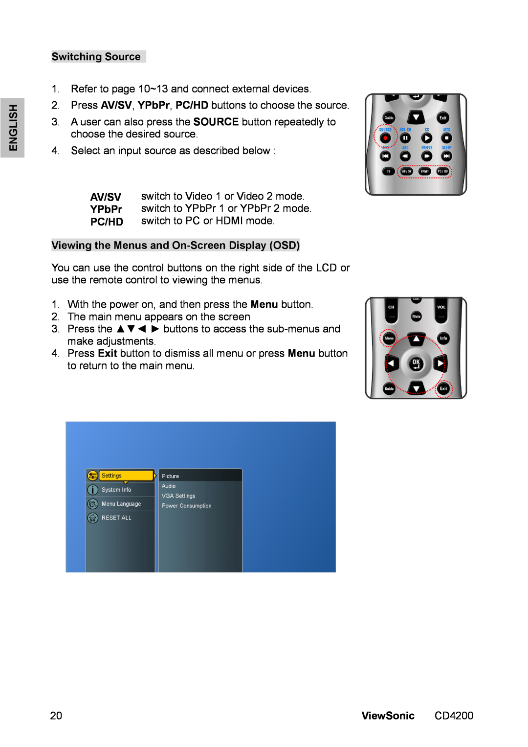 ViewSonic CD4200 Switching Source, Av/Sv, YPbPr, Pc/Hd, Viewing the Menus and On-Screen Display OSD, English, ViewSonic 