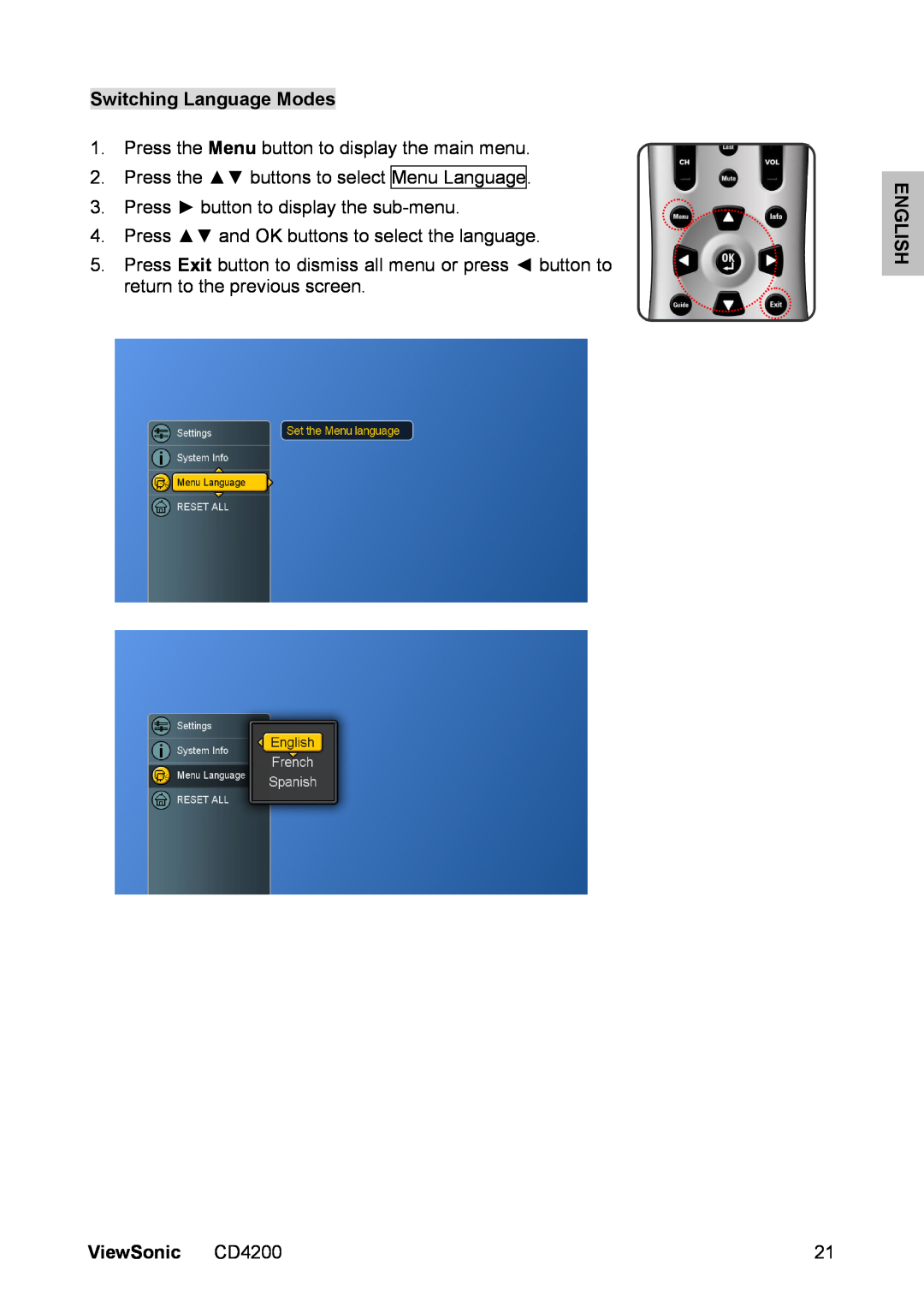 ViewSonic manual Switching Language Modes, Press the Menu button to display the main menu, English, ViewSonic CD4200 