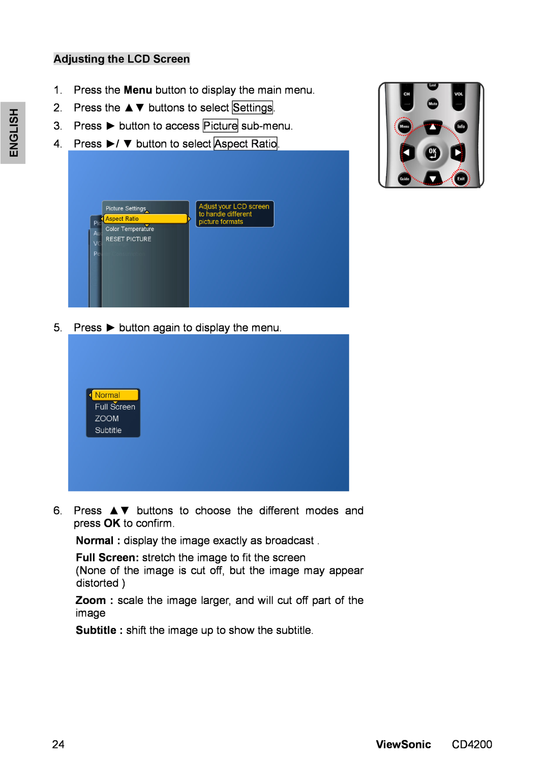 ViewSonic CD4200 manual Adjusting the LCD Screen, English, ViewSonic 