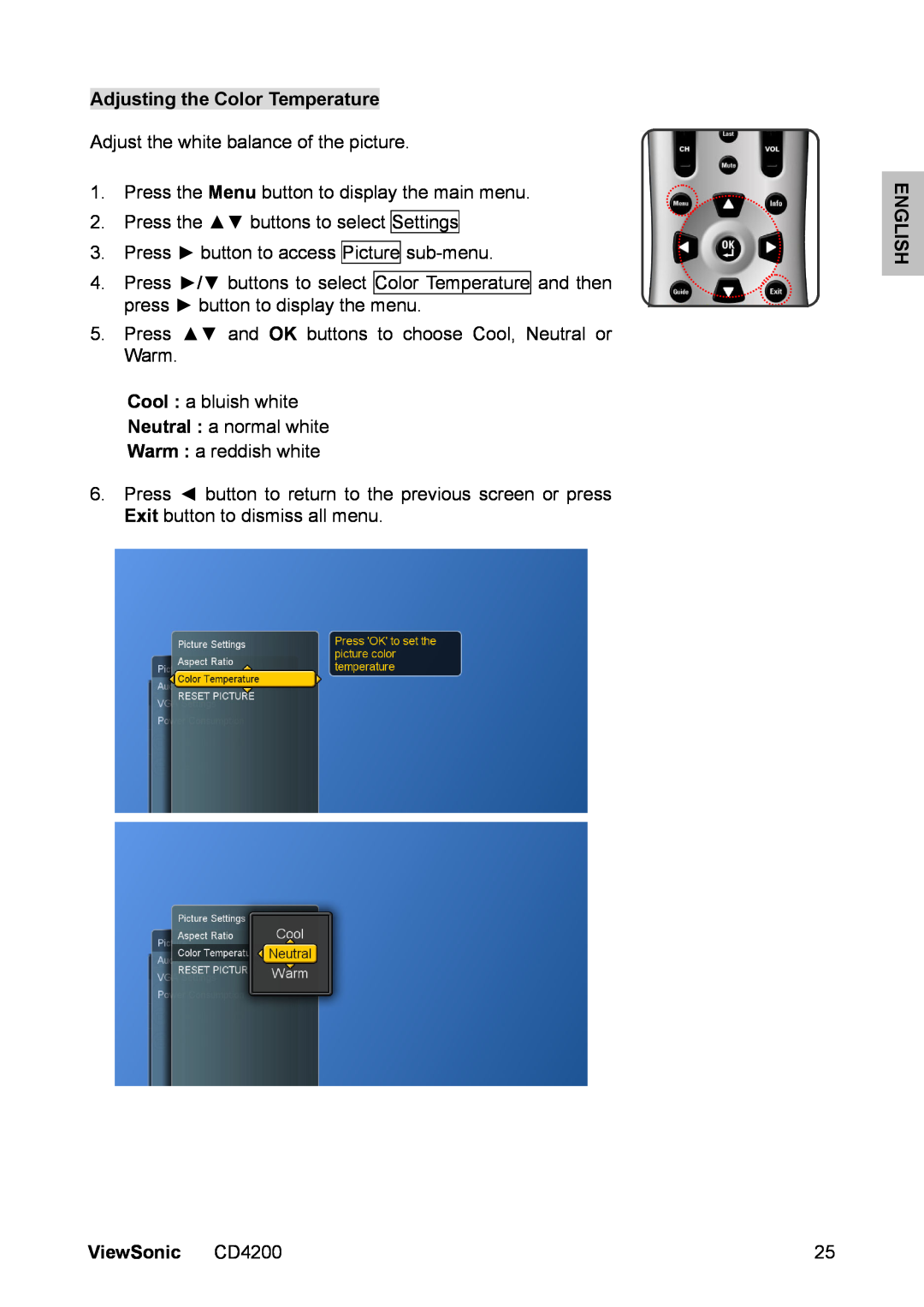 ViewSonic manual Adjusting the Color Temperature, English, ViewSonic CD4200 