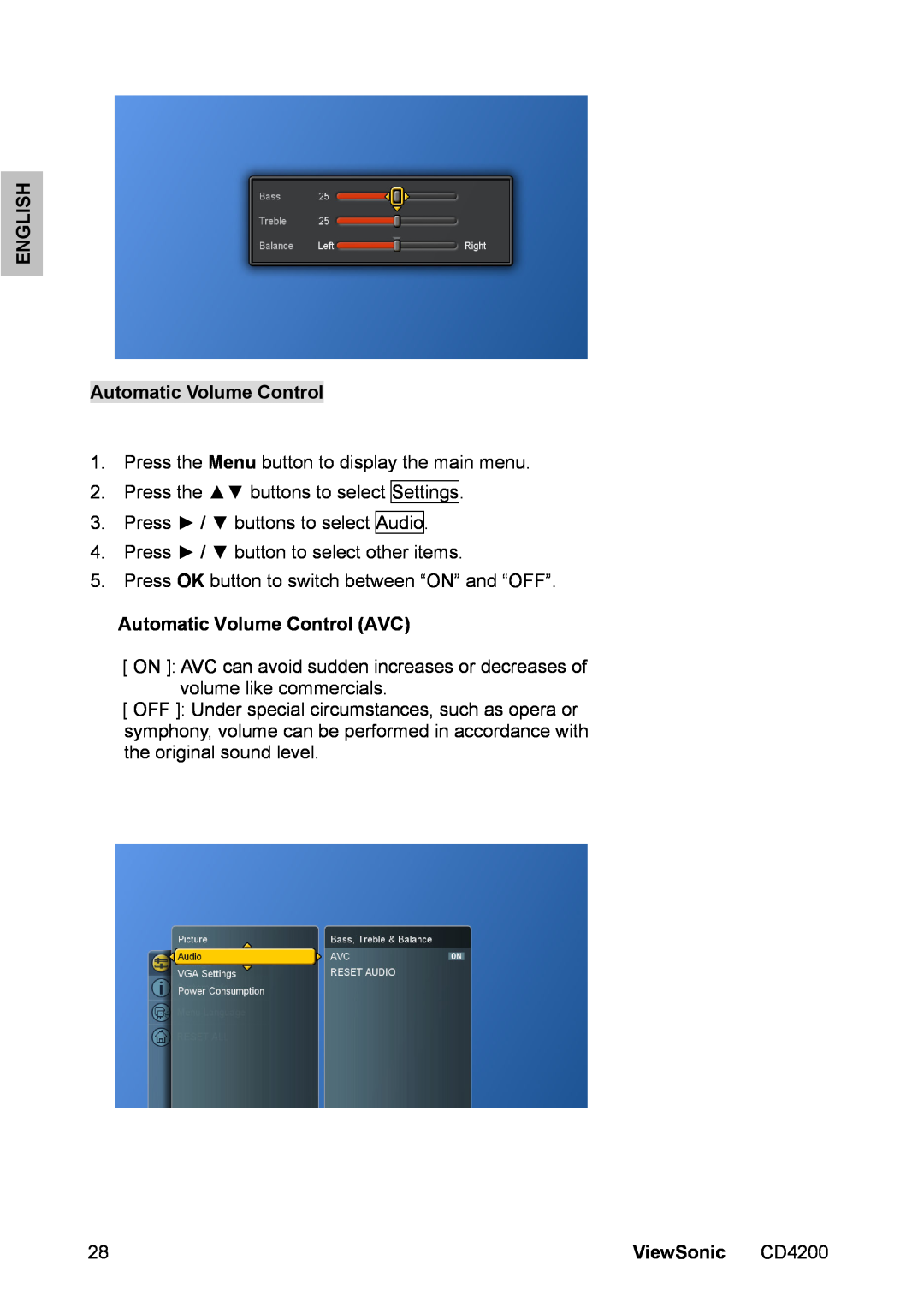ViewSonic CD4200 manual ENGLISH Automatic Volume Control, Automatic Volume Control AVC, ViewSonic 