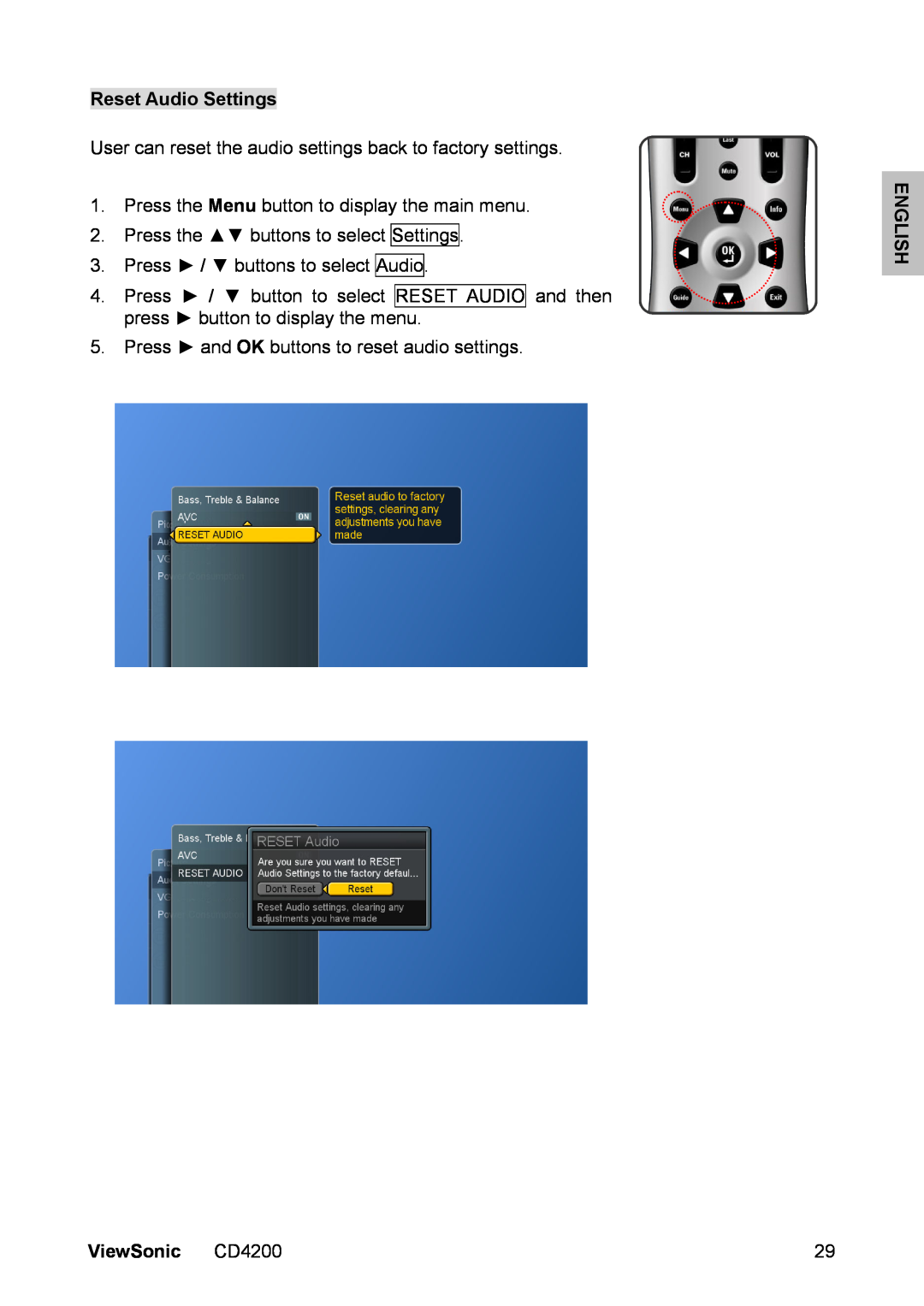 ViewSonic CD4200 manual Reset Audio Settings, User can reset the audio settings back to factory settings, English 