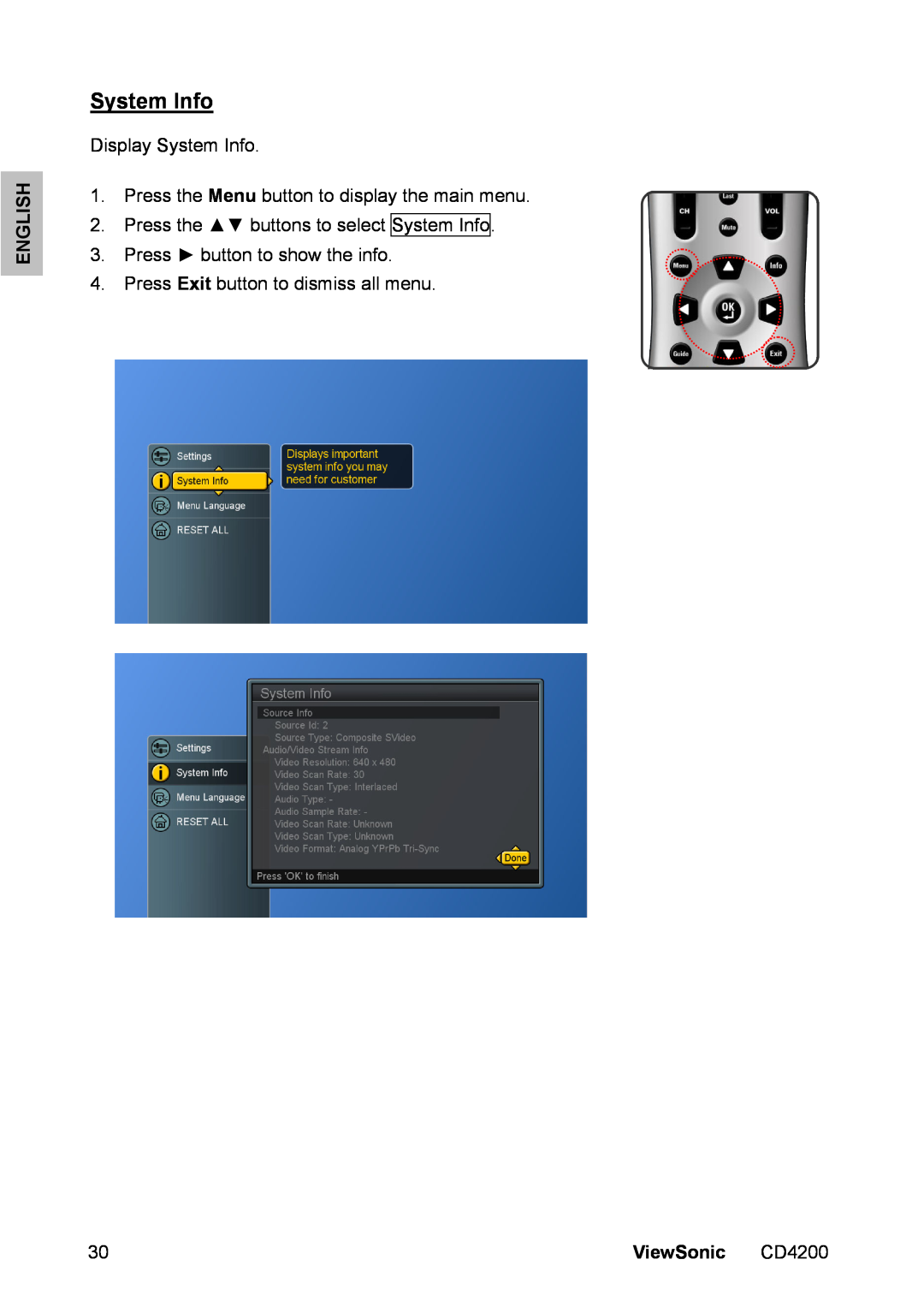 ViewSonic manual English, Display System Info 1. Press the Menu button to display the main menu, ViewSonic CD4200 