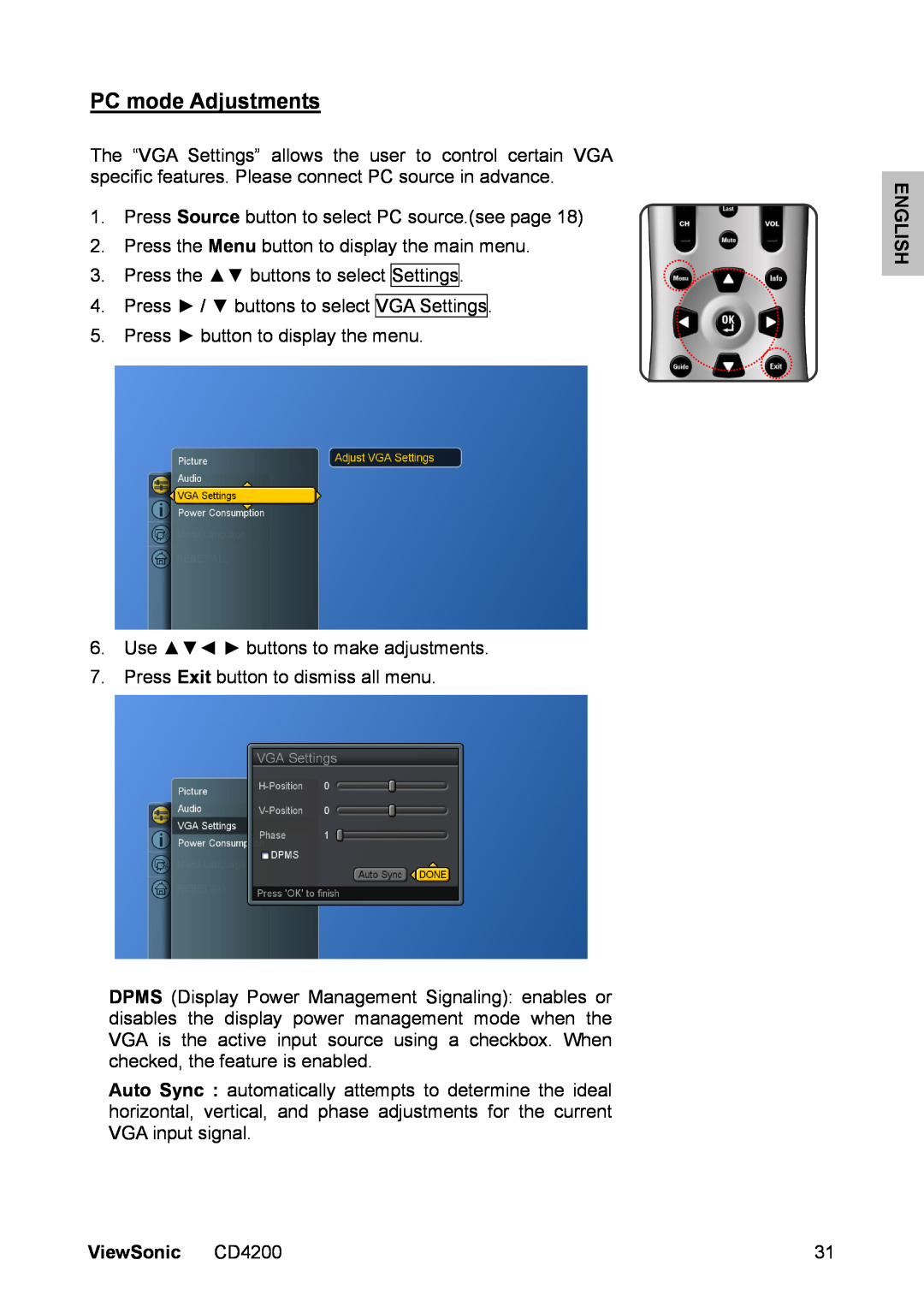 ViewSonic manual PC mode Adjustments, ViewSonic CD4200, English 