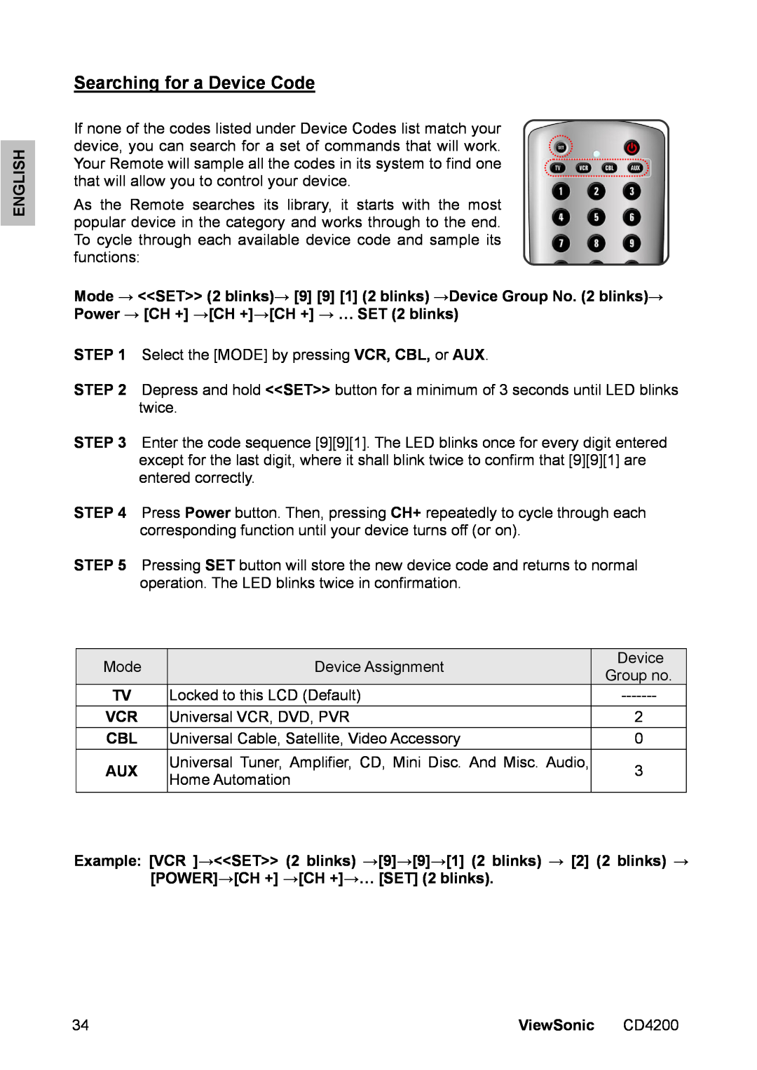 ViewSonic CD4200 manual Searching for a Device Code, English, ViewSonic 