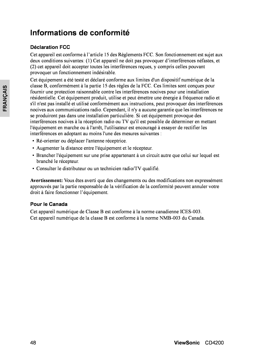 ViewSonic manual Informations de conformité, Déclaration FCC, Pour le Canada, Français, ViewSonic CD4200 
