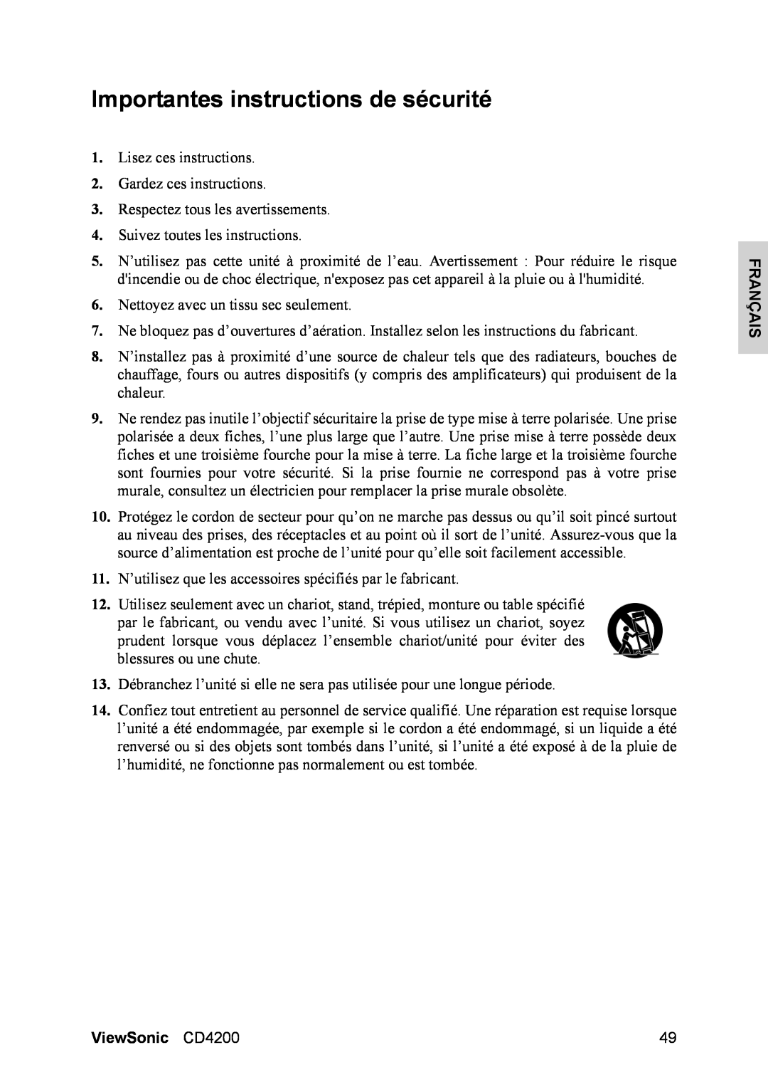 ViewSonic manual Importantes instructions de sécurité, Français, ViewSonic CD4200 