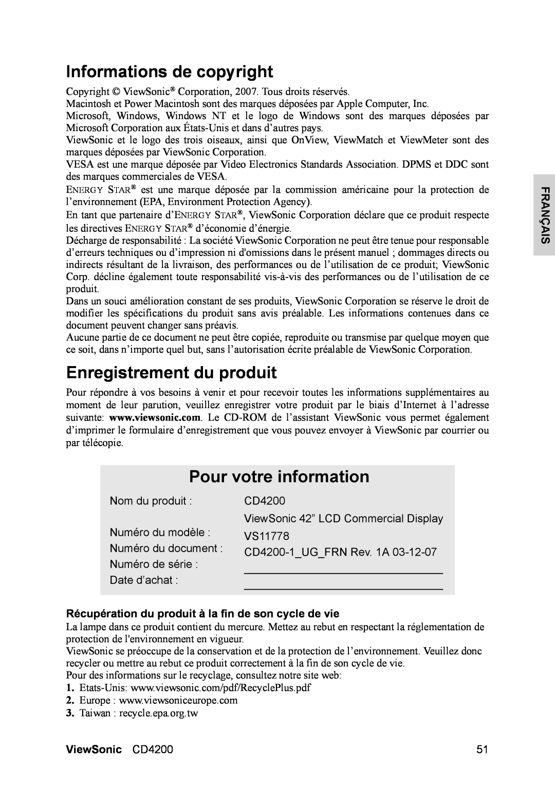 ViewSonic Informations de copyright, Enregistrement du produit, Pour votre information, Français, ViewSonic CD4200 