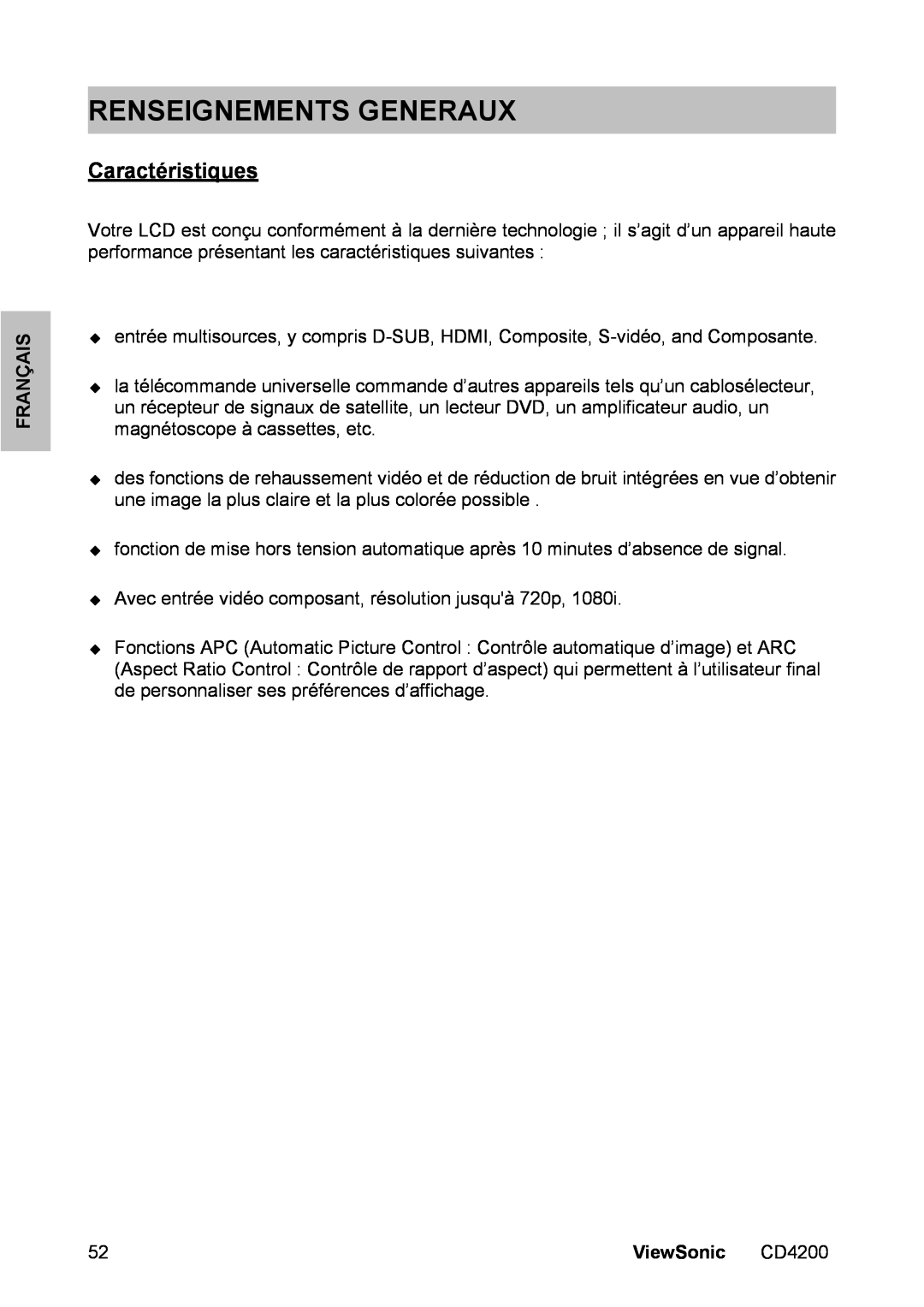ViewSonic CD4200 manual Renseignements Generaux, Caractéristiques, Français, ViewSonic 