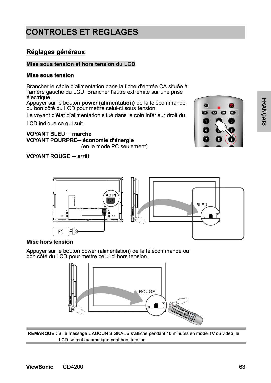 ViewSonic CD4200 Controles Et Reglages, Réglages généraux, Mise sous tension et hors tension du LCD Mise sous tension 