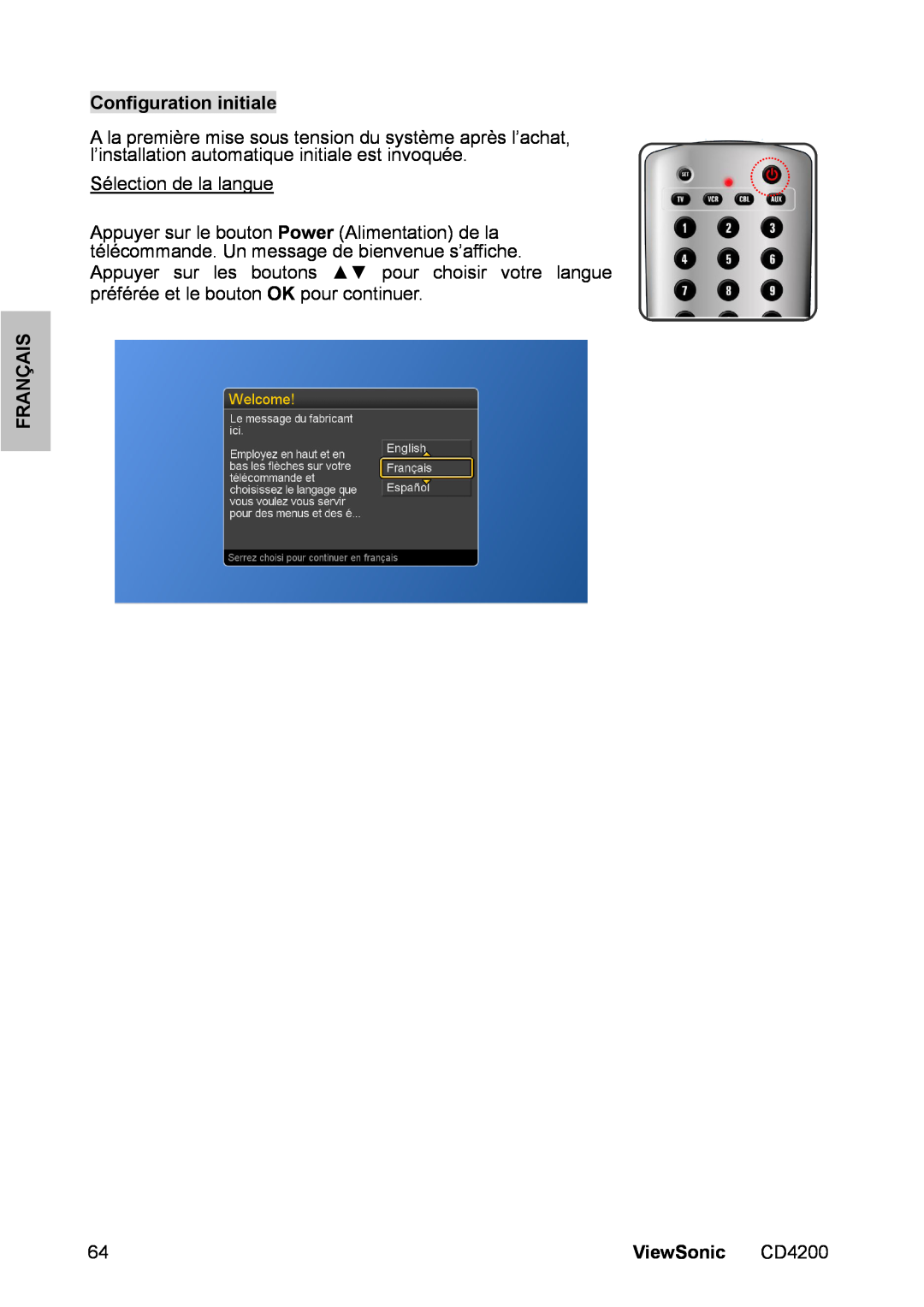 ViewSonic CD4200 manual Configuration initiale, Sélection de la langue, Appuyer sur les boutons pour choisir votre langue 