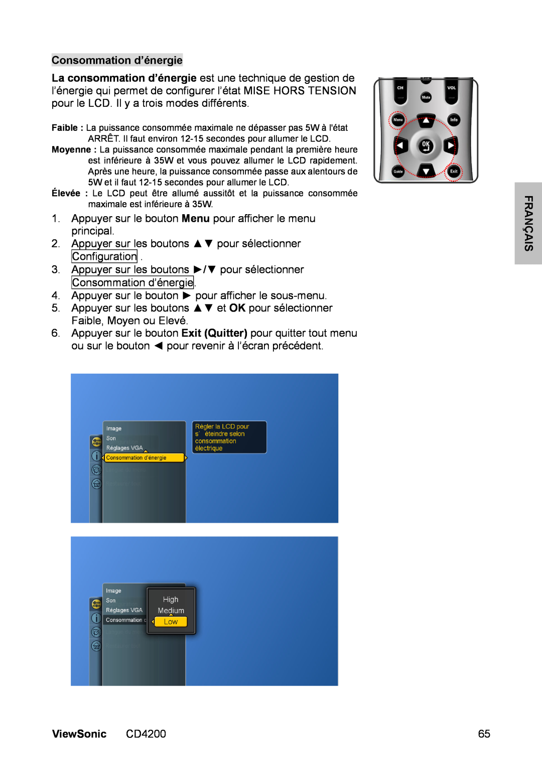 ViewSonic CD4200 manual Consommation d’énergie, Appuyer sur le bouton Menu pour afficher le menu principal, Français 