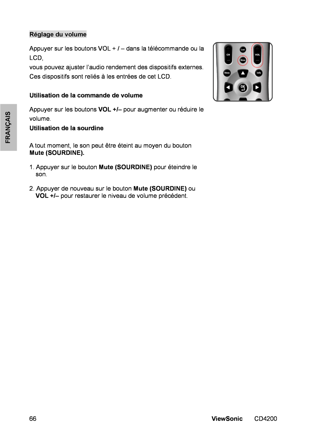 ViewSonic CD4200 manual Réglage du volume, Utilisation de la commande de volume, Utilisation de la sourdine, Mute SOURDINE 