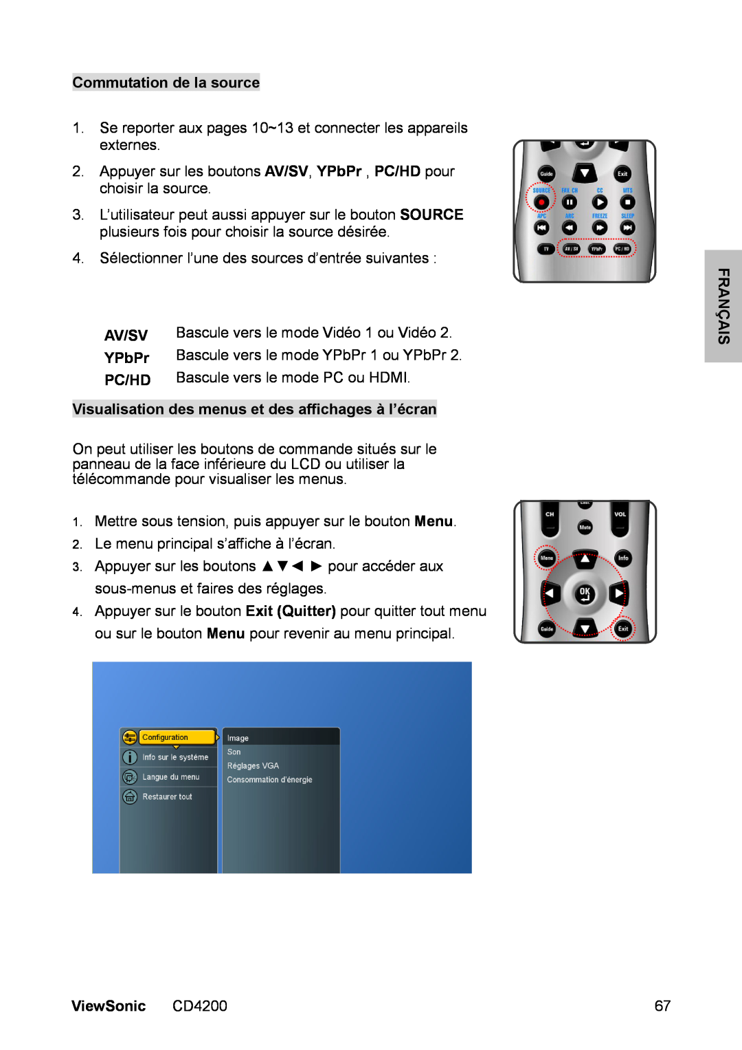 ViewSonic CD4200 manual Commutation de la source, Visualisation des menus et des affichages à l’écran, Av/Sv, YPbPr, Pc/Hd 