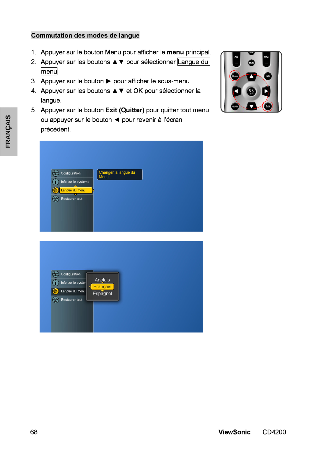 ViewSonic CD4200 manual Commutation des modes de langue, Français, ViewSonic 