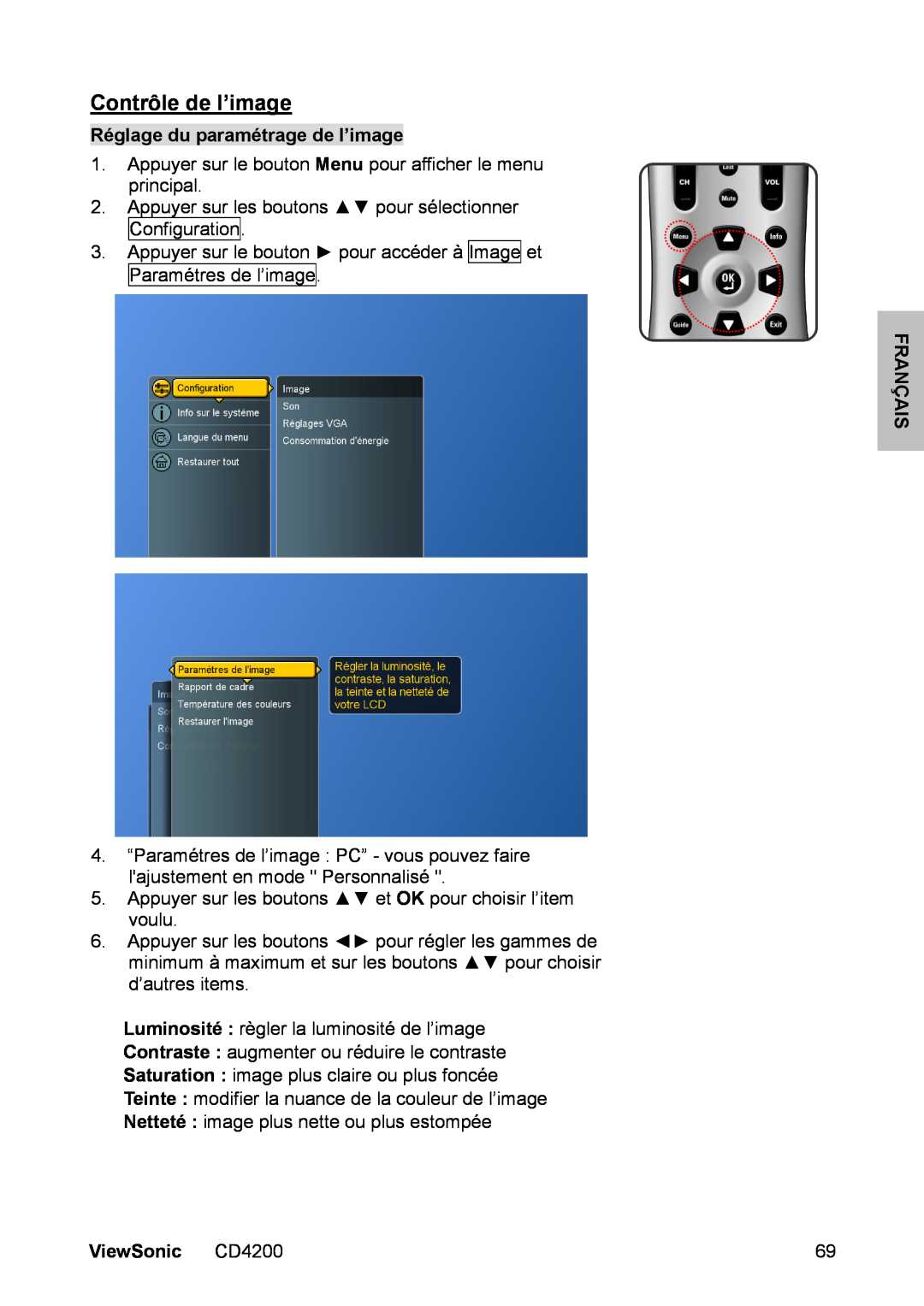 ViewSonic manual Contrôle de l’image, Réglage du paramétrage de l’image, Français, ViewSonic CD4200 