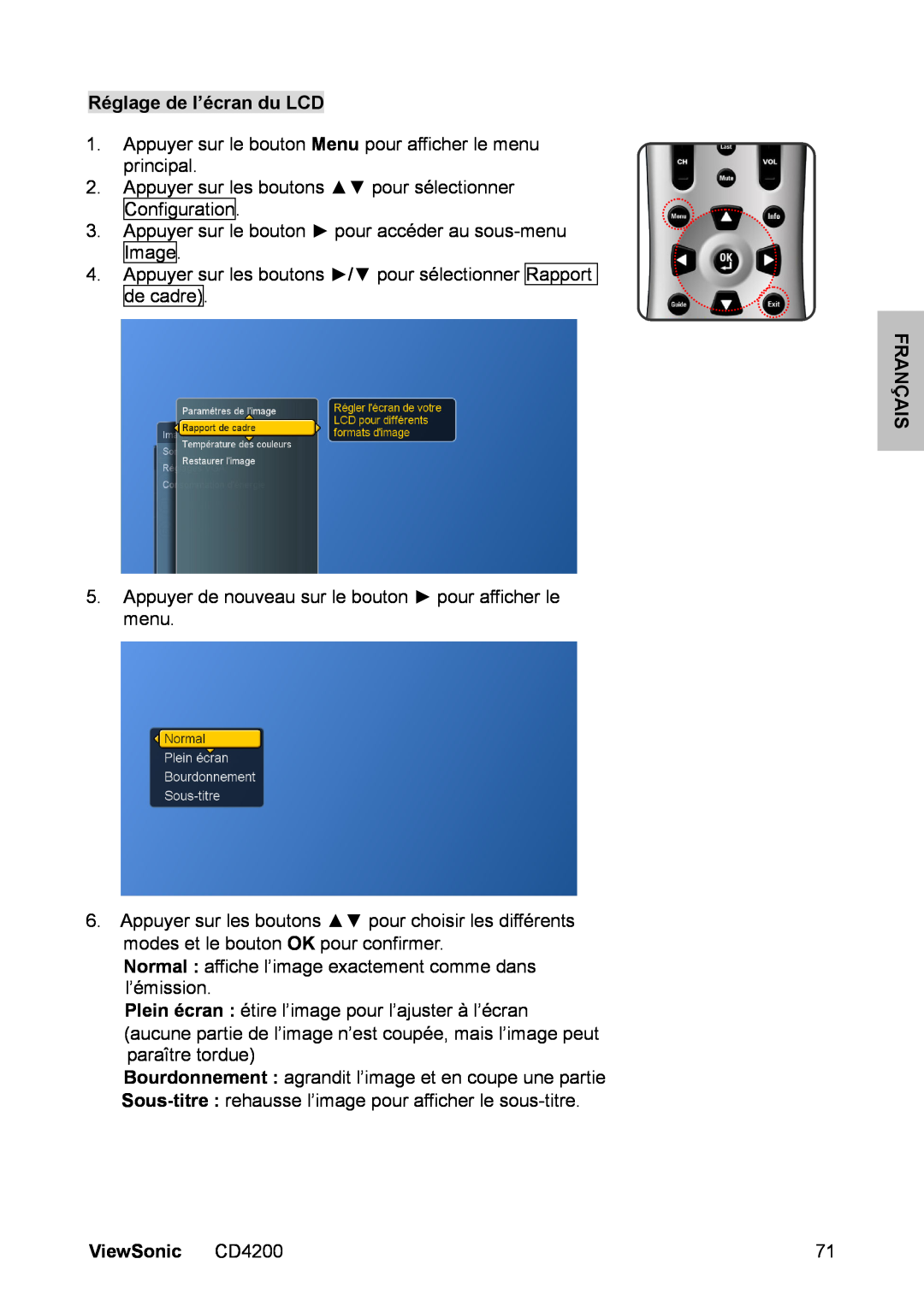 ViewSonic manual Réglage de l’écran du LCD, Français, ViewSonic CD4200 