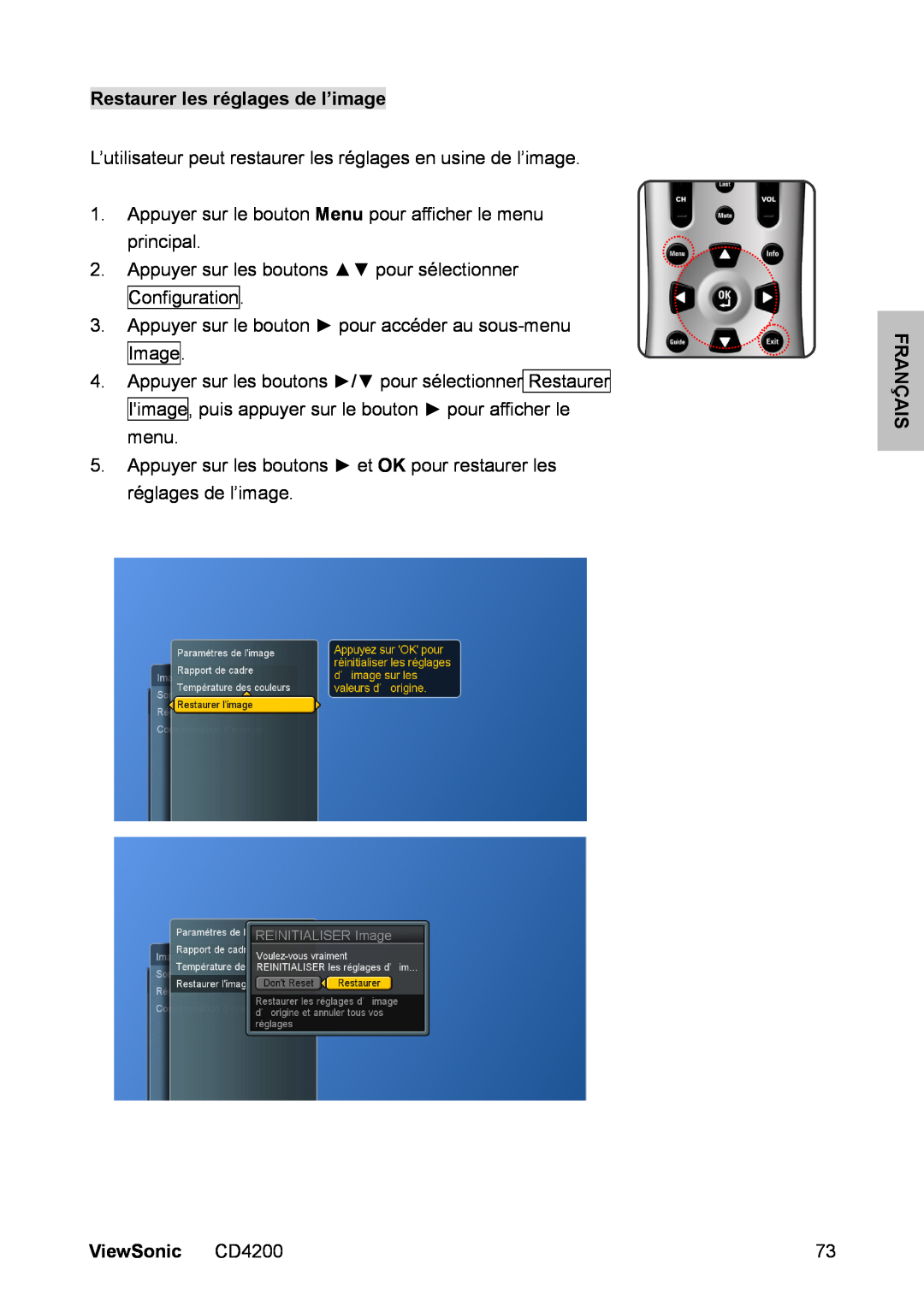 ViewSonic manual Restaurer les réglages de l’image, Français, ViewSonic CD4200 