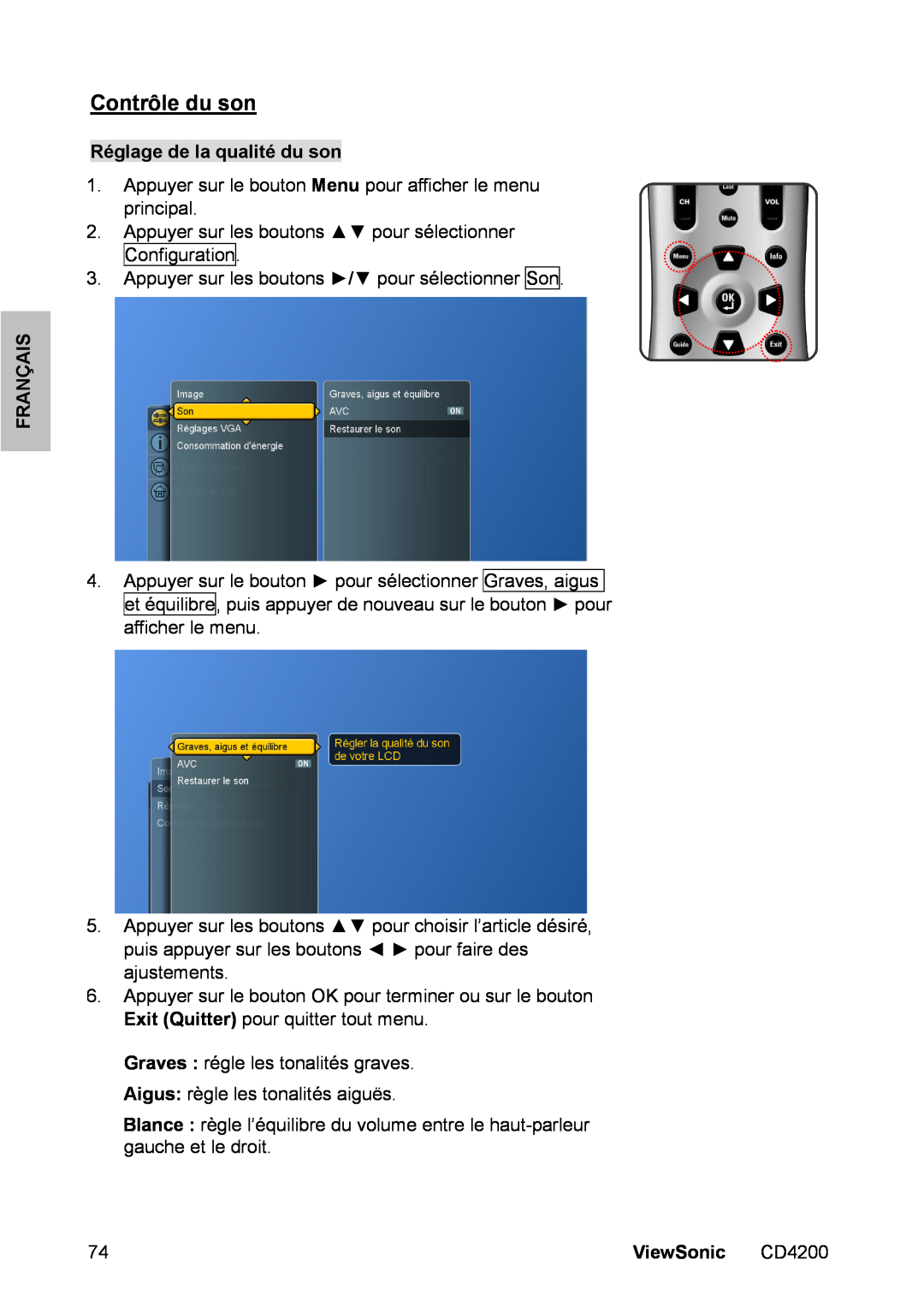 ViewSonic CD4200 manual Contrôle du son, Réglage de la qualité du son, Français, ViewSonic 