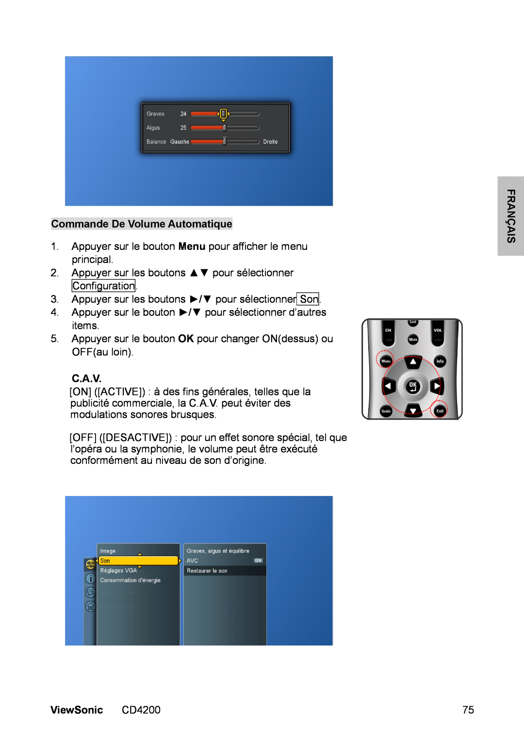 ViewSonic manual Commande De Volume Automatique, C.A.V, Français, ViewSonic CD4200 