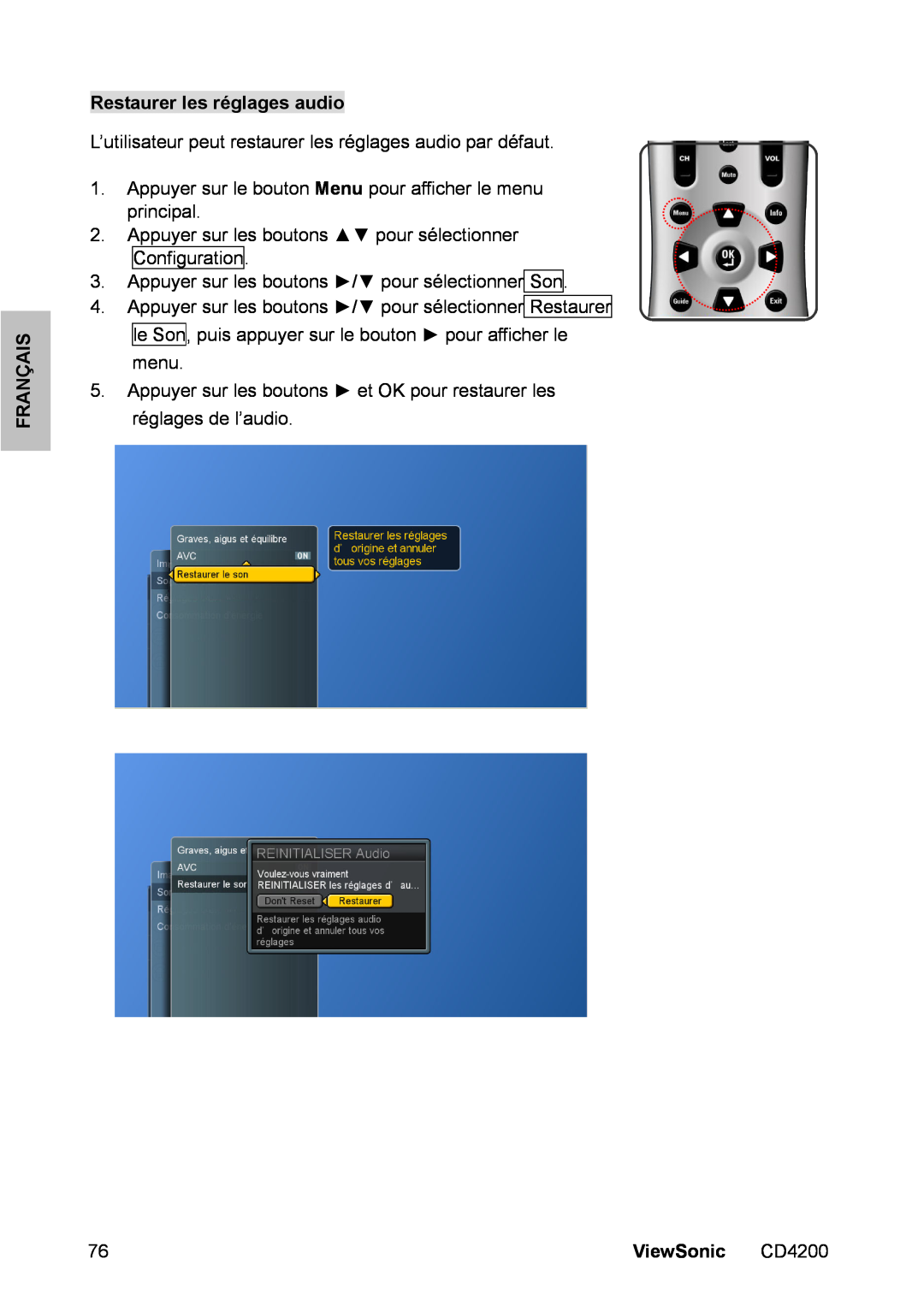 ViewSonic CD4200 manual Restaurer les réglages audio, Français, ViewSonic 