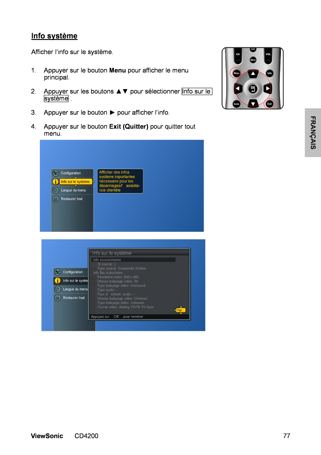 ViewSonic manual Info système, Français, ViewSonic CD4200 