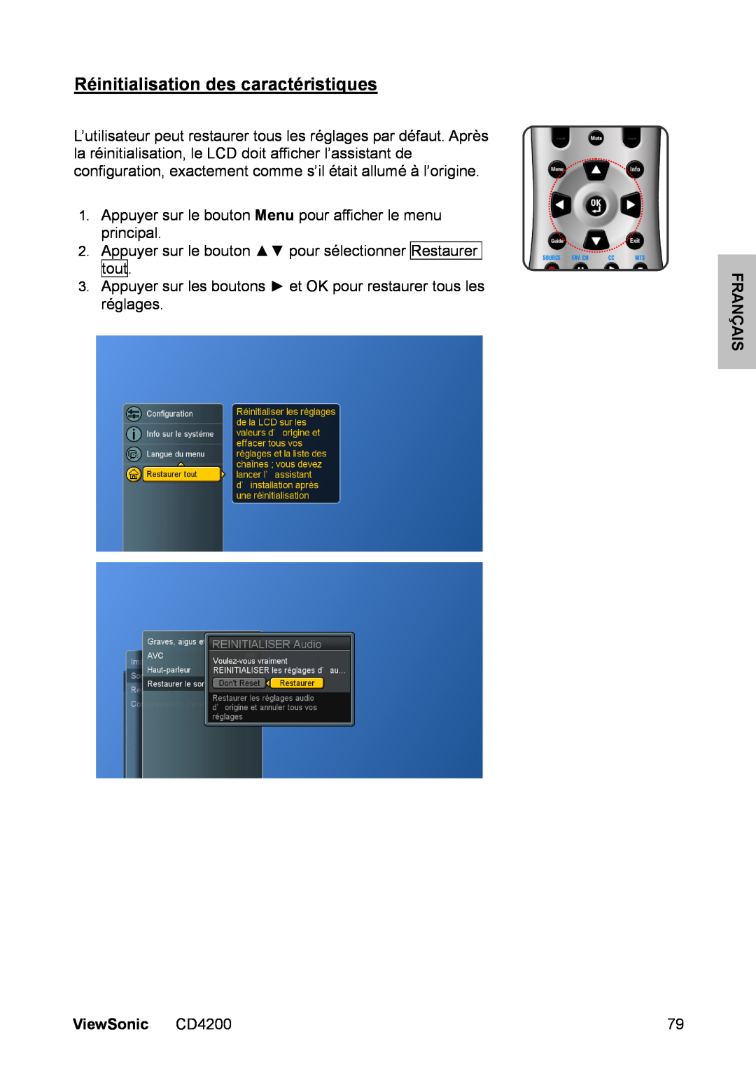 ViewSonic manual Réinitialisation des caractéristiques, Français, ViewSonic CD4200 