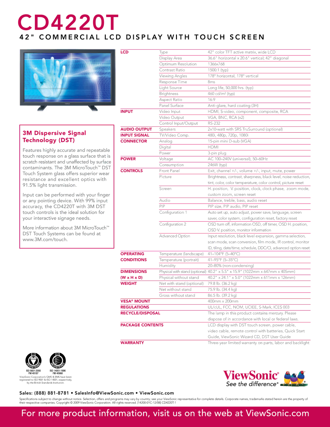 ViewSonic CD4220T manual Lcd, Audio Output, Input Signal, Connector, Power, Controls, Operating, Conditions, Dimensions 