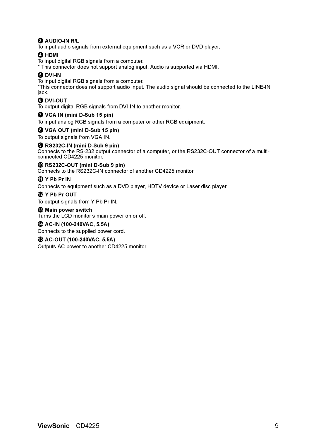 ViewSonic CD4225 manual VGA in mini D-Sub 15 pin, 10 RS232C-OUT mini D-Sub 9 pin, Pb Pr OUT, Main power switch 
