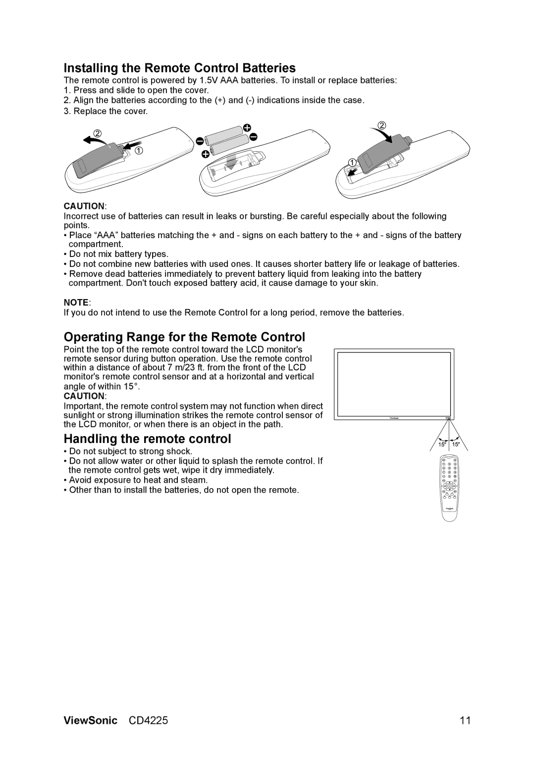 ViewSonic CD4225 manual Installing the Remote Control Batteries, Operating Range for the Remote Control 