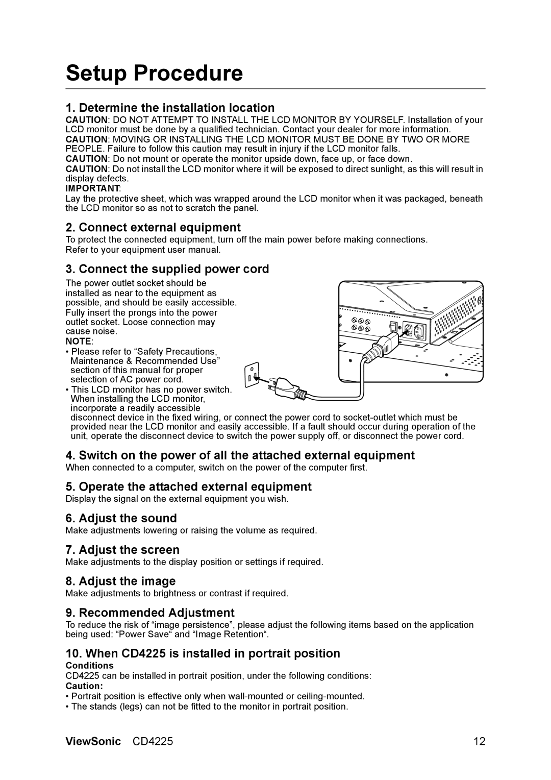 ViewSonic CD4225 manual Setup Procedure, Conditions 