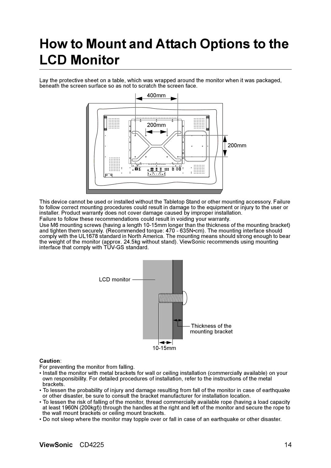 ViewSonic CD4225 manual How to Mount and Attach Options to the LCD Monitor 