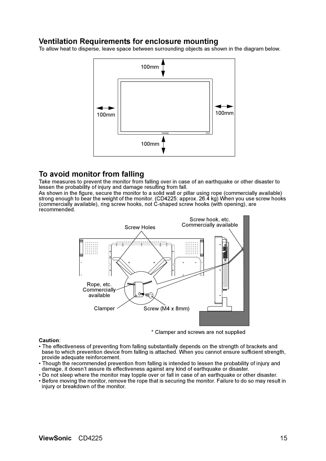 ViewSonic CD4225 manual Ventilation Requirements for enclosure mounting, To avoid monitor from falling 