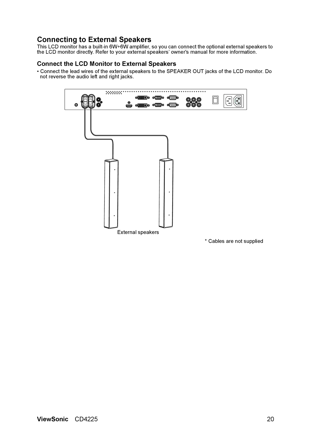 ViewSonic CD4225 manual Connecting to External Speakers, Connect the LCD Monitor to External Speakers 