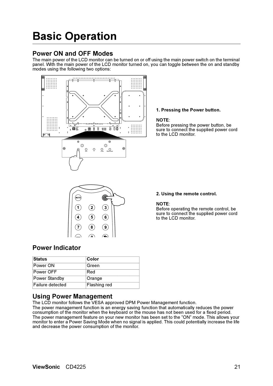 ViewSonic CD4225 manual Basic Operation, Power on and OFF Modes, Power Indicator, Using Power Management 