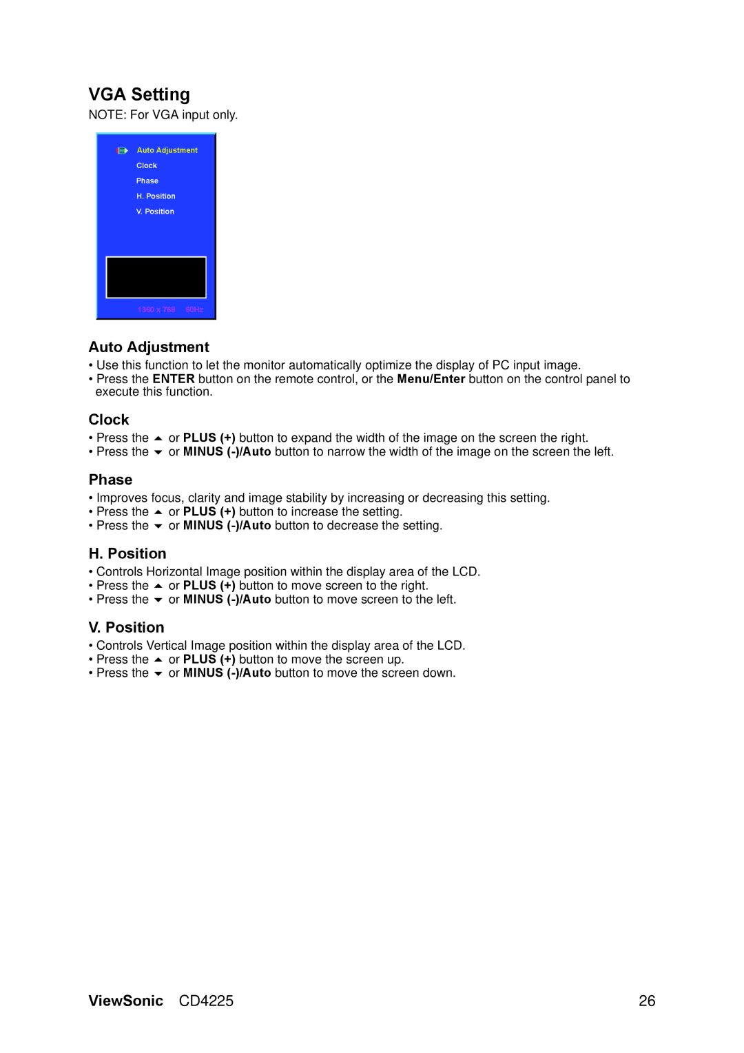 ViewSonic CD4225 manual VGA Setting, Auto Adjustment, Clock, Phase, Position 