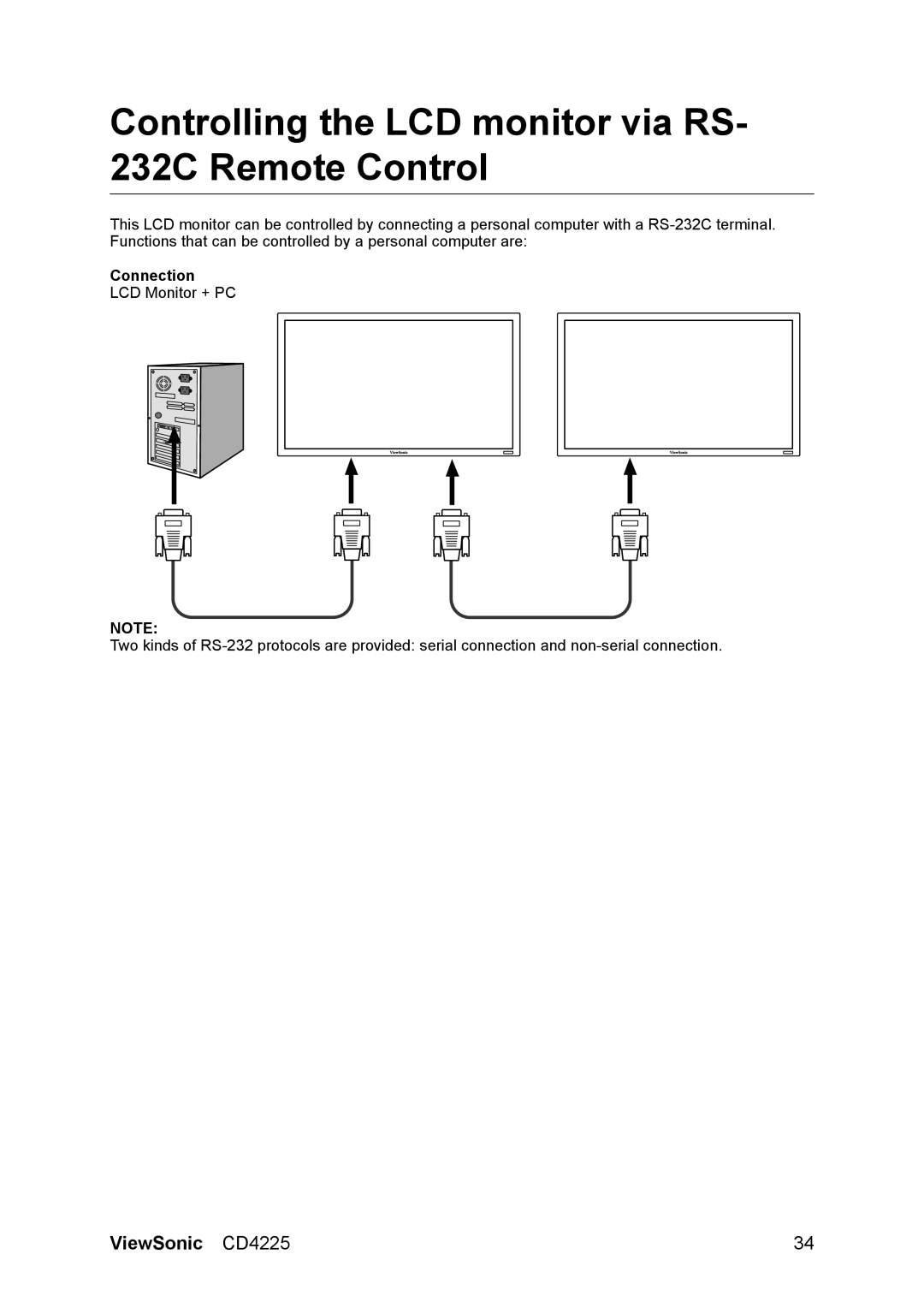 ViewSonic CD4225 manual Controlling the LCD monitor via RS- 232C Remote Control, Connection 