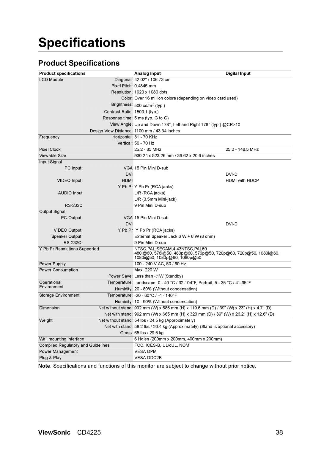 ViewSonic CD4225 manual Product Specifications 