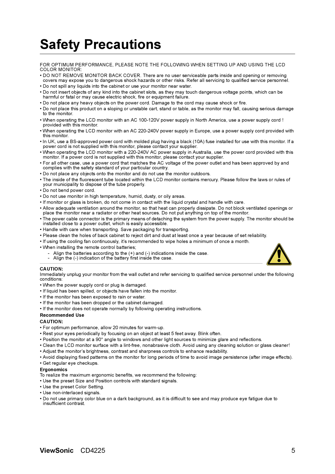 ViewSonic CD4225 manual Safety Precautions, Recommended Use 