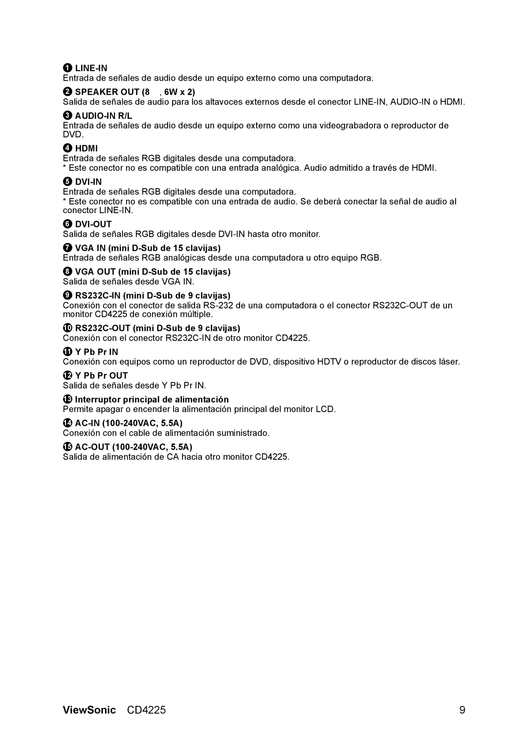ViewSonic CD4225 Speaker OUT 8 Ω, 6W x, VGA in mini D-Sub de 15 clavijas, 10 RS232C-OUT mini D-Sub de 9 clavijas, Pb Pr 